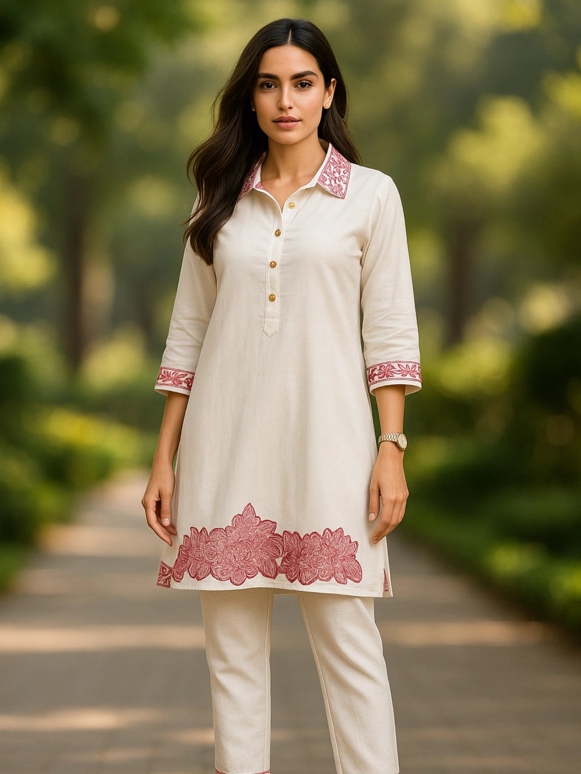 Ivory Short Kurta Set with Rose Embroidery