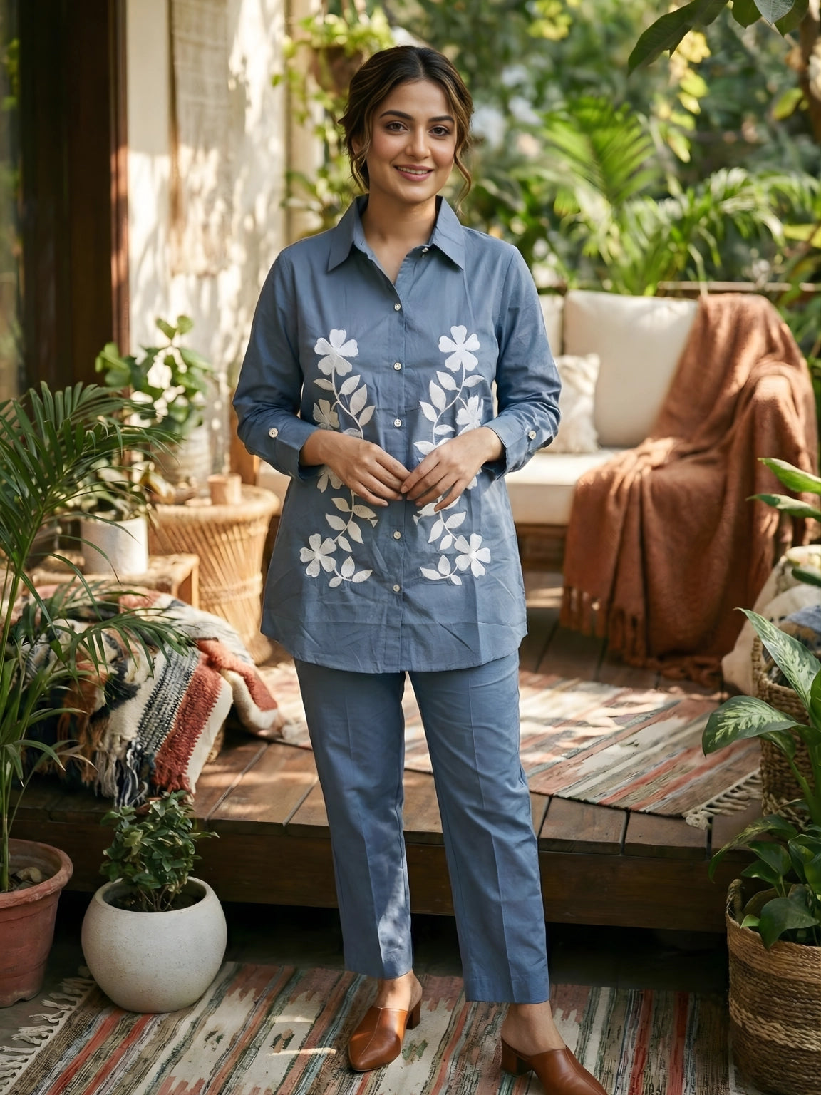 Floral Embroidered Cotton Co-Ord Set – Slate Blue