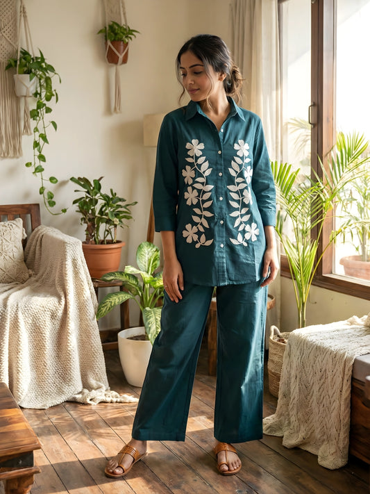 Embroidered Teal Floral Co-Ord Set