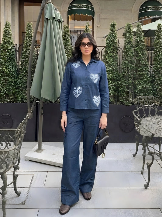 Blue Heart Embroidered Co-Ord Set