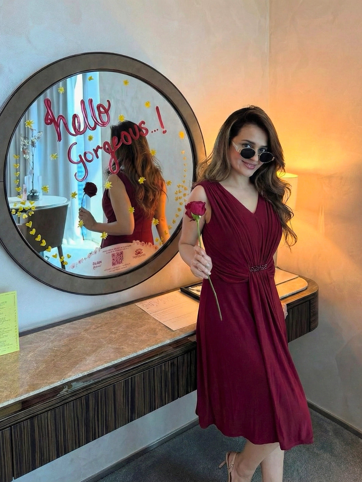 Maroon Ruched V-Neck Midi Dress
