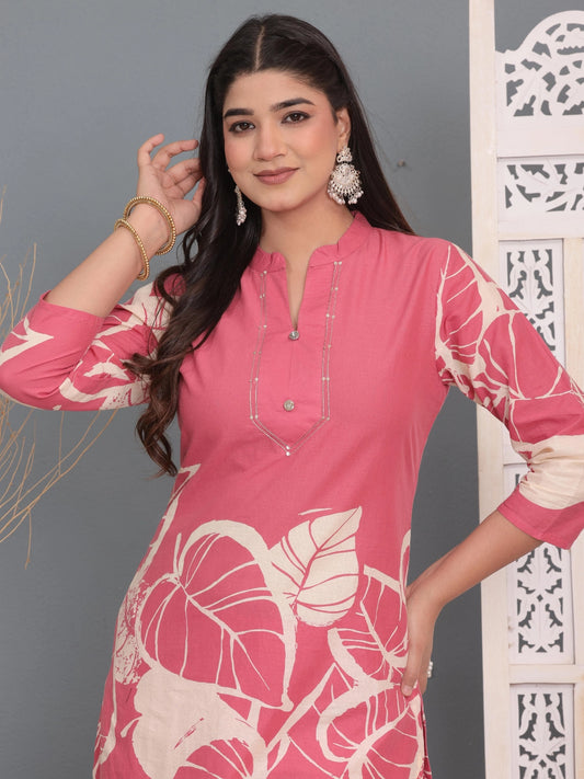 Pink Leaf Print Cotton Co-ord Set