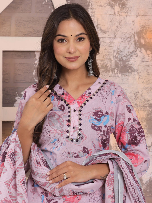 Blush Pink Printed Cotton Suit Set with Dupatta