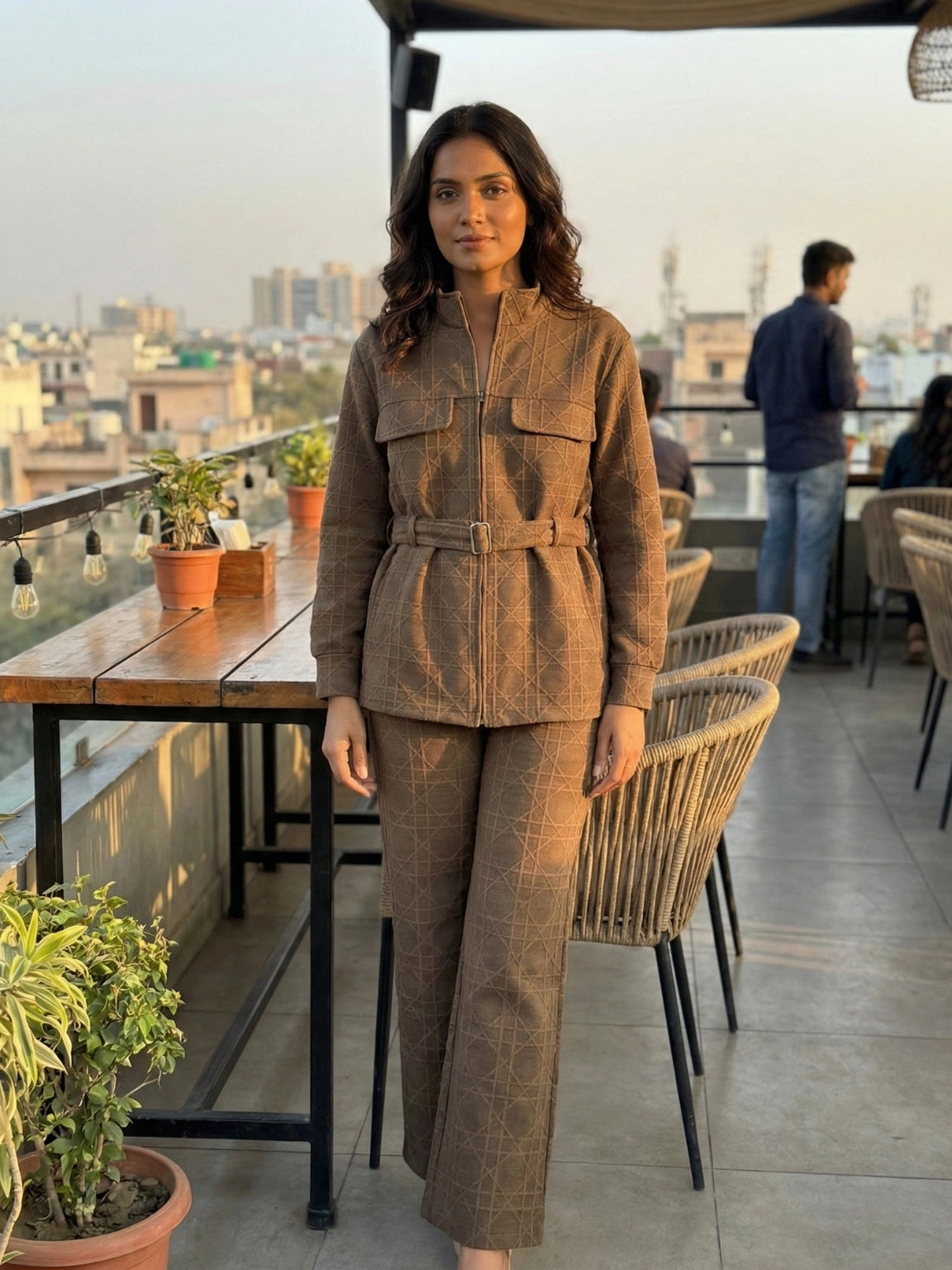 Mocha Brown Geometric Zip-Up Jacket & Pant Co-Ord Set