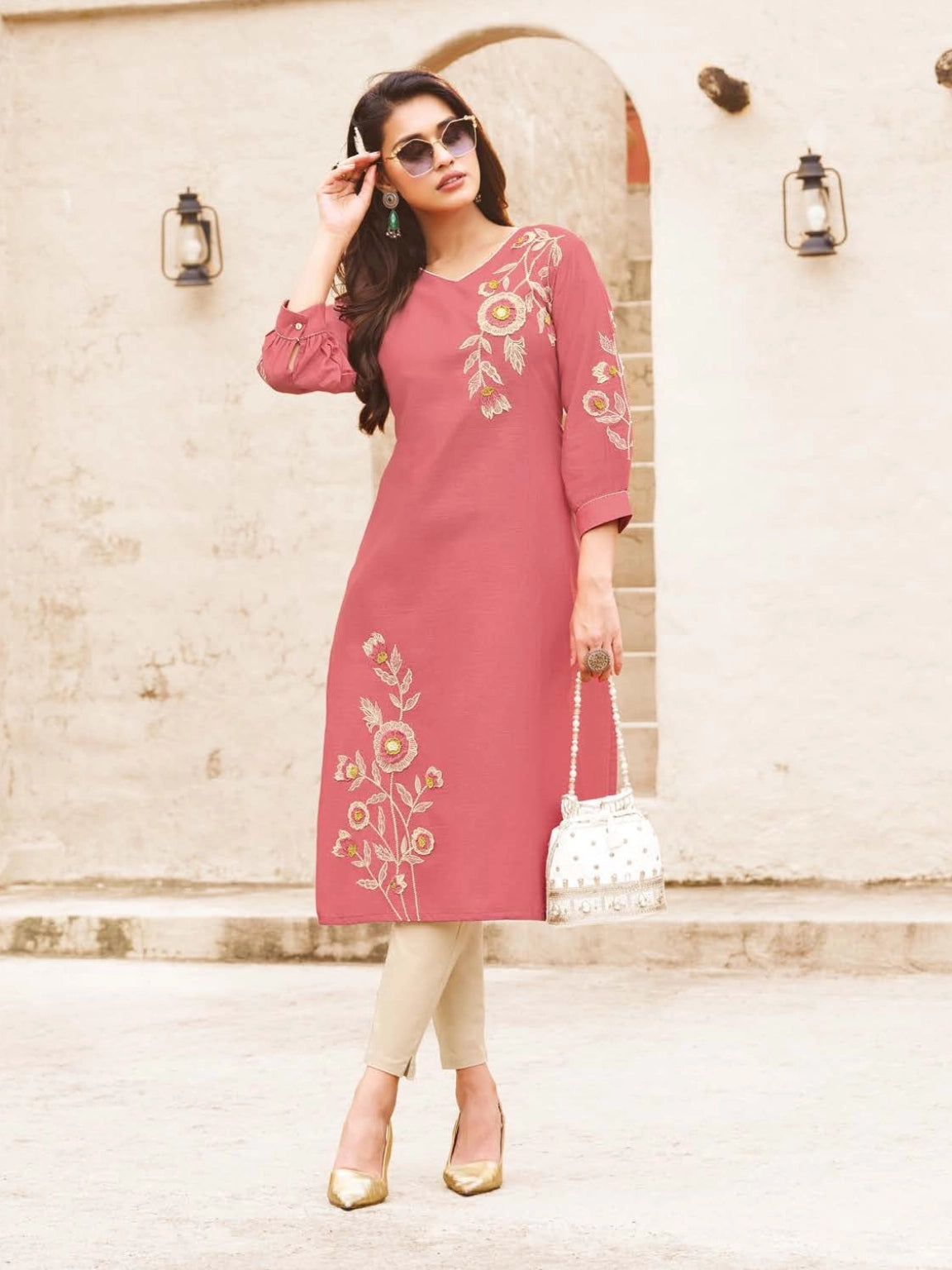 Blush Pink Rayon Kurti with Intricate Gold Thread Embroidery