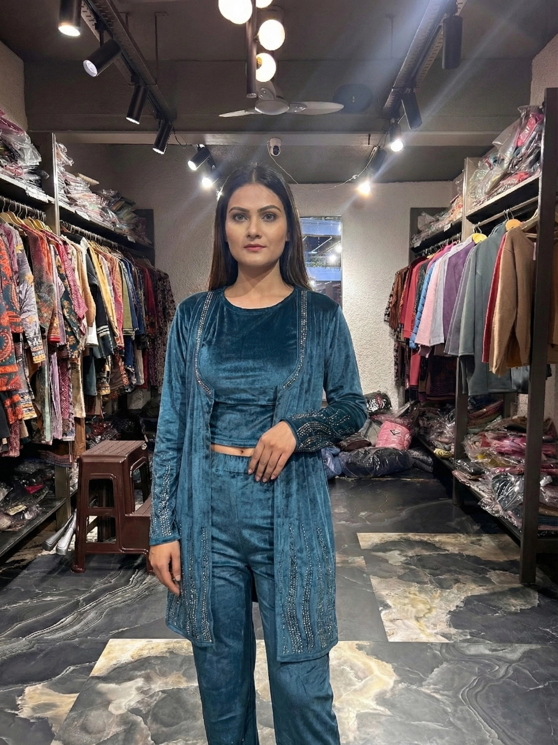 Teal Blue Embellished 3-Piece Jacket Co-ord Set