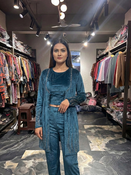 Teal Blue Embellished 3-Piece Jacket Co-ord Set