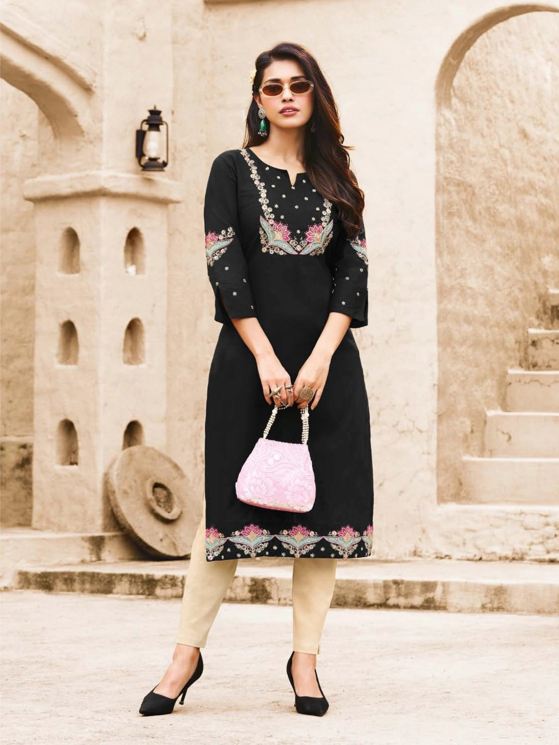 Classic Black Rayon Kurti with Multi-Color Thread Embroidery