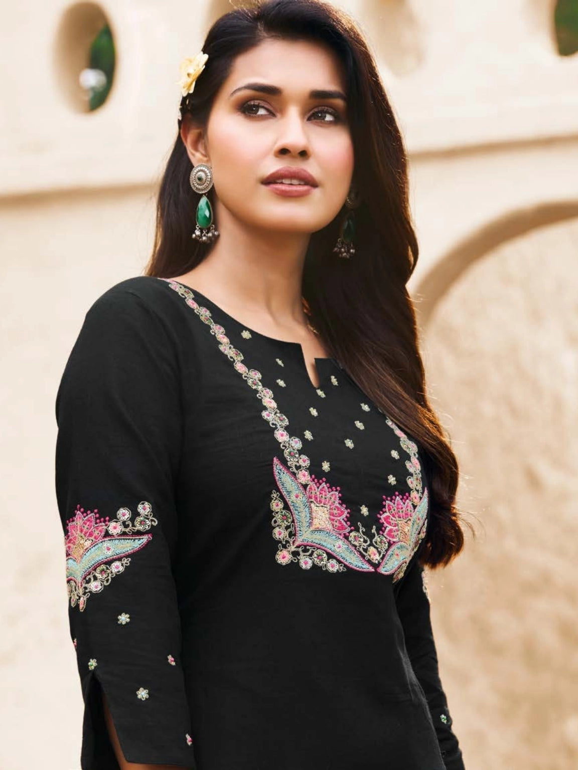 Classic Black Rayon Kurti with Multi-Color Thread Embroidery