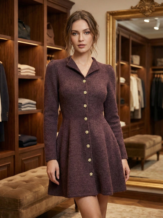 Deep Plum Button-Down A-Line Dress with Floral Buttons