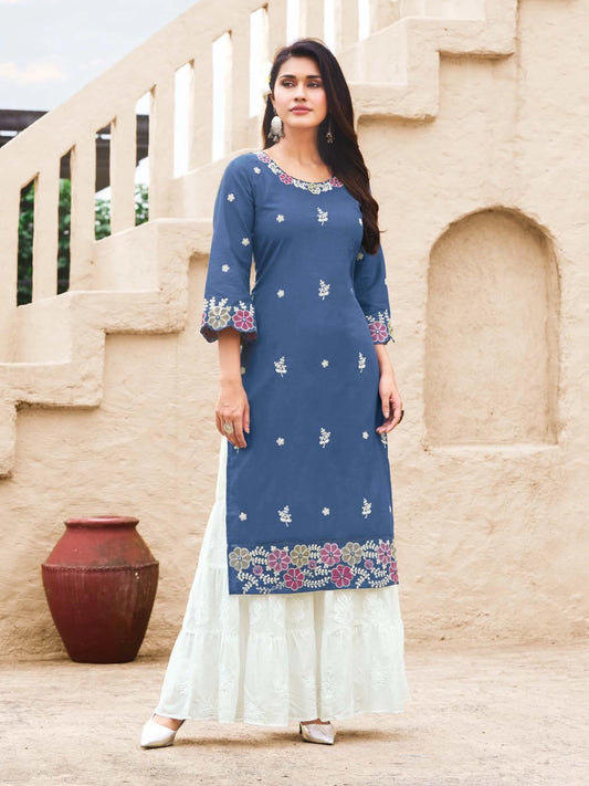 Dusty Blue Rayon Kurti with Floral Machine Embroidery