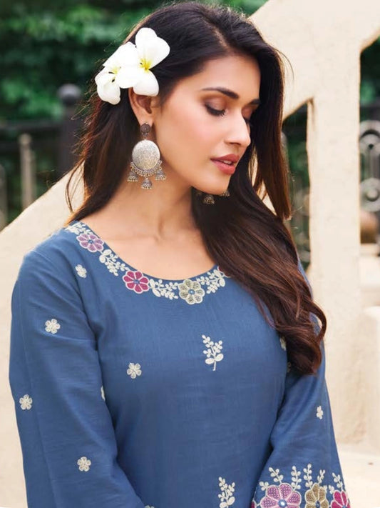 Dusty Blue Rayon Kurti with Floral Machine Embroidery
