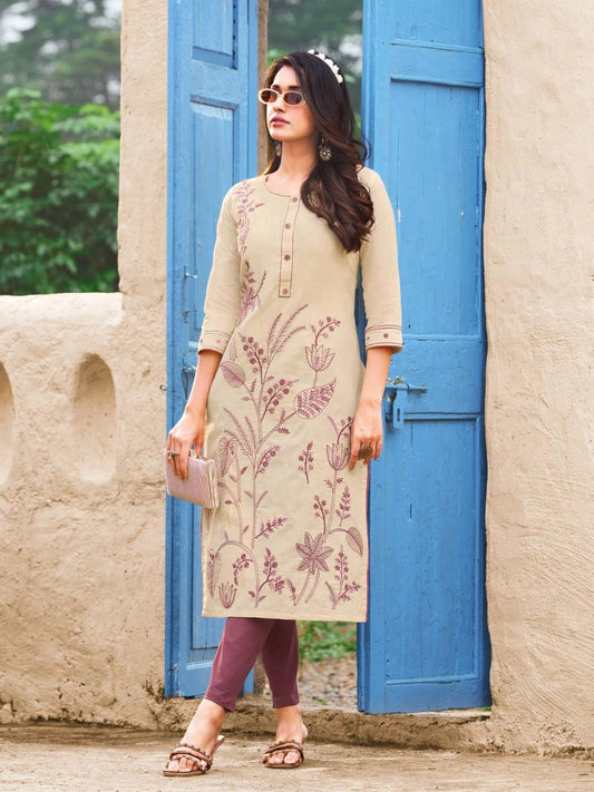 Classic Beige Rayon Kurti with Maroon Thread Floral Embroidery