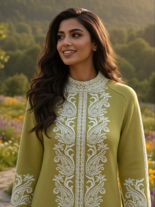 Olive Green Kashmiri Embroidered Knit Midi Dress