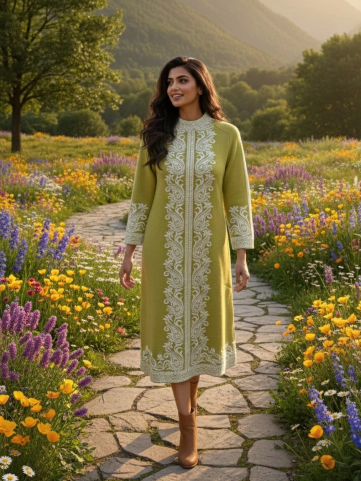 Olive Green Kashmiri Embroidered Knit Midi Dress