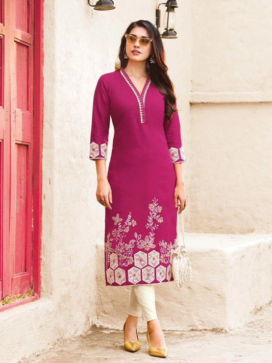 Vibrant Magenta Rayon Kurti with Geometric & Floral Embroidery