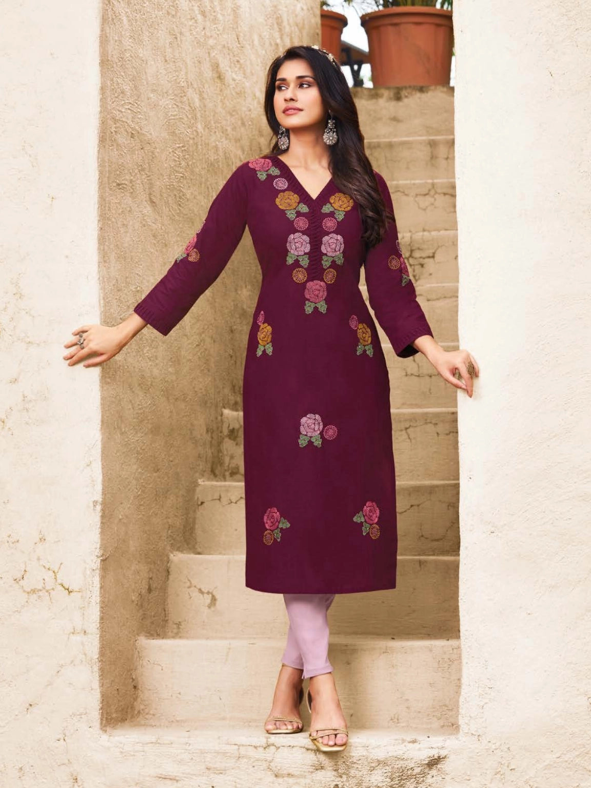 Deep Wine Rayon Kurti with Multi-Color Rose Embroidery
