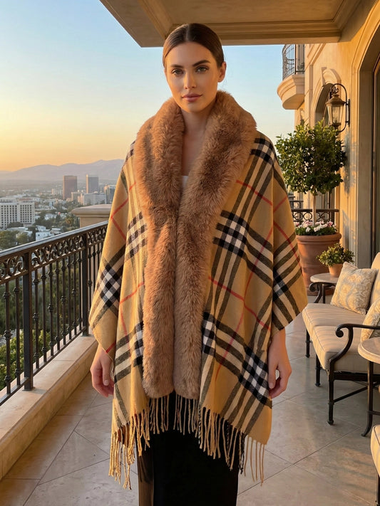 Camel Plaid Faux Fur Trimmed Cape