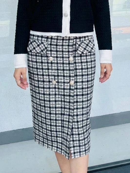 Classic Black & White Checkered Pencil Skirt with Button Detail