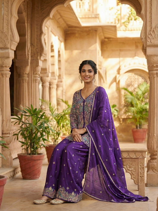 Royal Purple Embroidered Ethnic Sharara Set