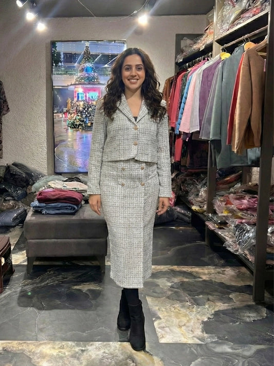 Grey Button-Accented Blazer & Skirt Co-ord Set