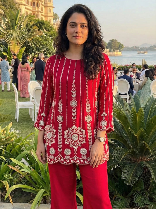 Ruby Red Scalloped Embroidered Short Kurta Co-ord Set
