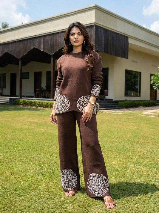 Spiral Floral Motif Knitted Co-ord Set - Brown