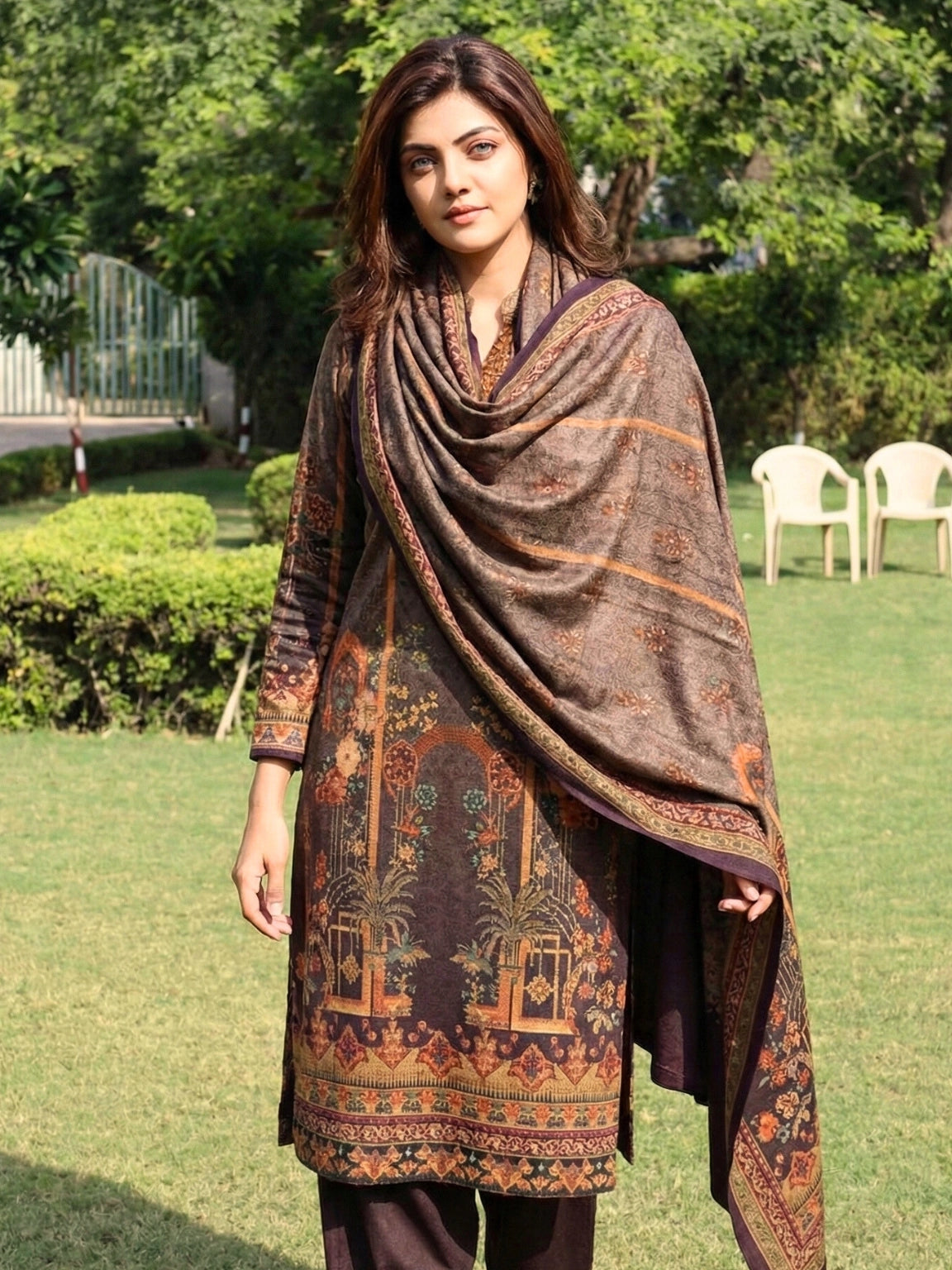 Cocoa Brown Architectural Print Kurta Set with Matching Shawl