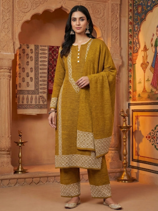 Mustard Yellow Embroidered 3-Piece Kurta Set with Matching Shawl