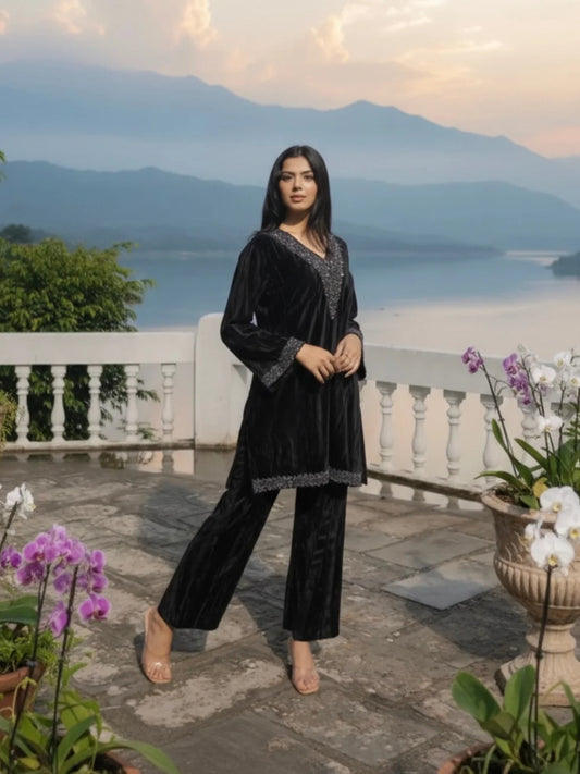 Jet Black Embroidered V-Neck Co-ord Set