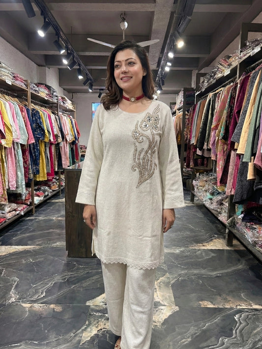 Cream Floral Embroidered 2-Piece Winter Set