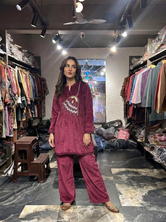 Wine Maroon Embroidered Co-ord Set