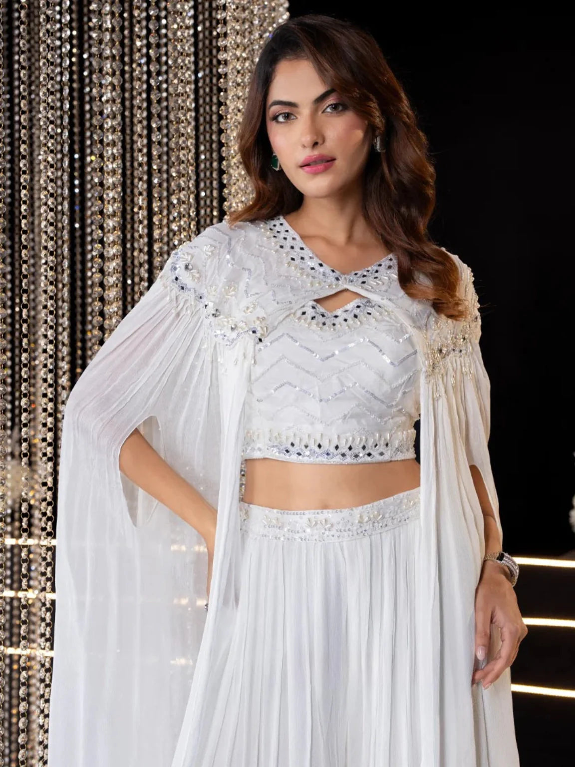 White Mirror Work Crop Top with Palazzo & Cape Shrug