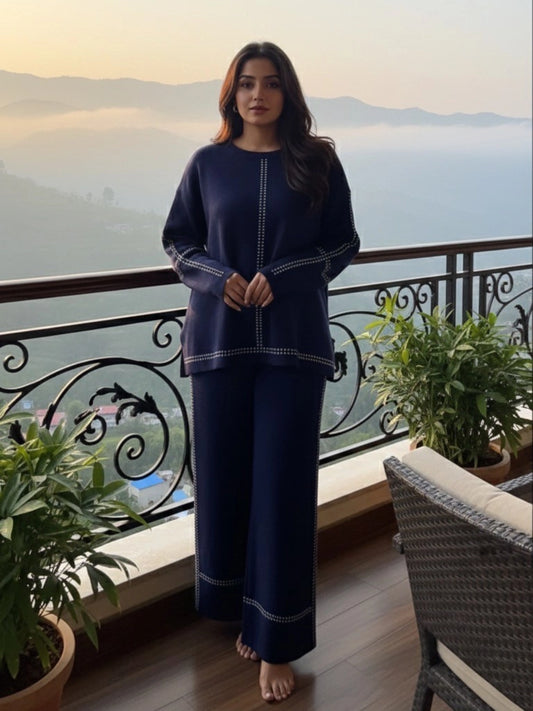 Navy Blue Embellished Relaxed Fit Co-ord Set