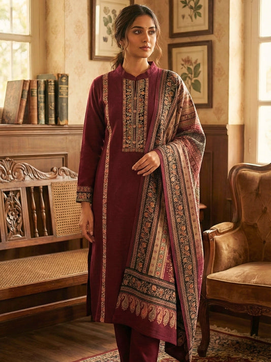 Deep Maroon Straight Fit Kurta Set with Printed Shawl
