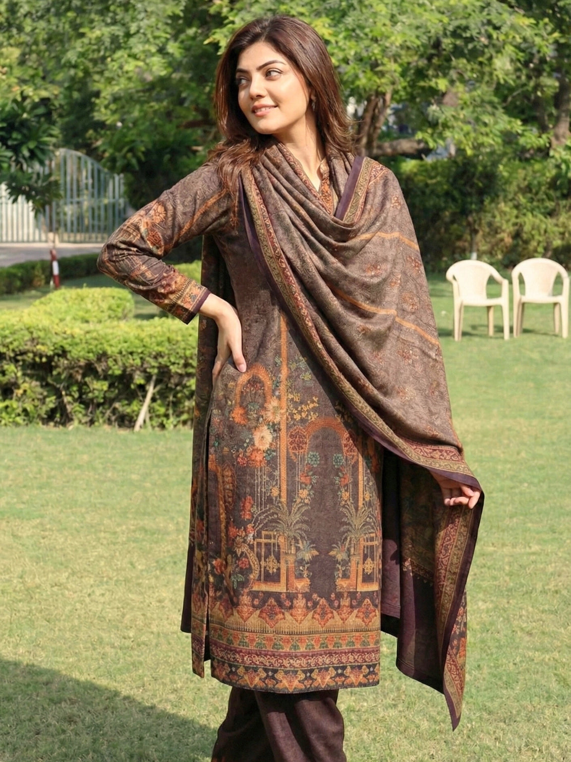Cocoa Brown Architectural Print Kurta Set with Matching Shawl