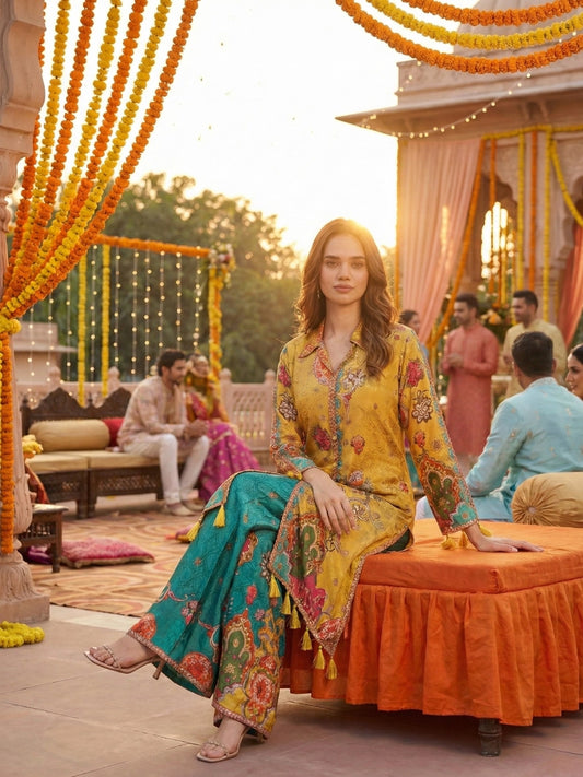 Mustard Yellow & Teal Floral Print Co-ord Set