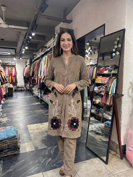 Cocoa Brown Floral Embroidered Co-ord Set