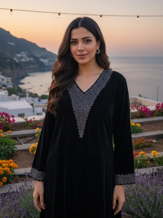 Jet Black Embroidered V-Neck Co-ord Set