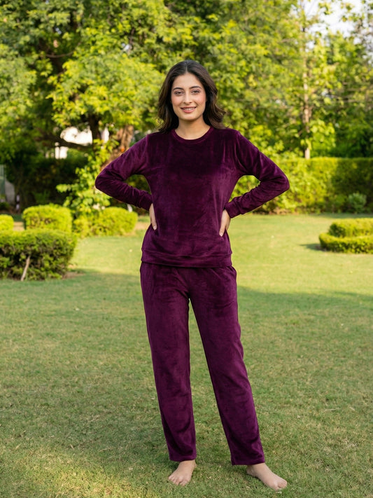 Solid Deep Wine Cozy Night Suit Set