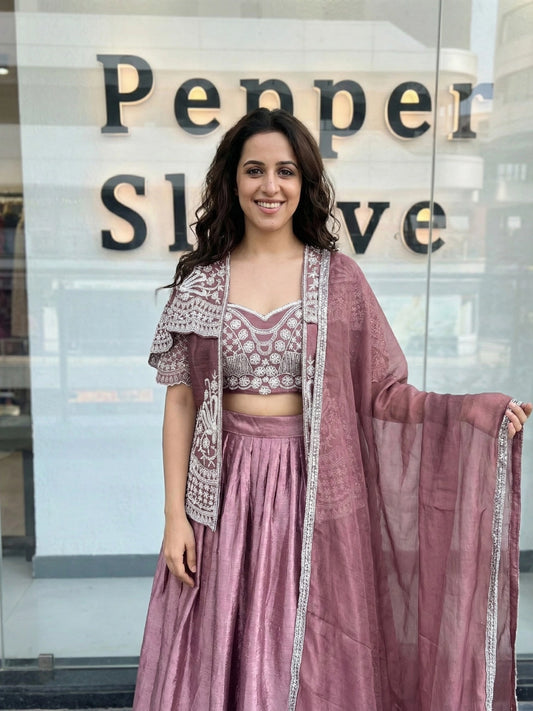 Dusty Mauve Embroidered Fusion Lehenga Set