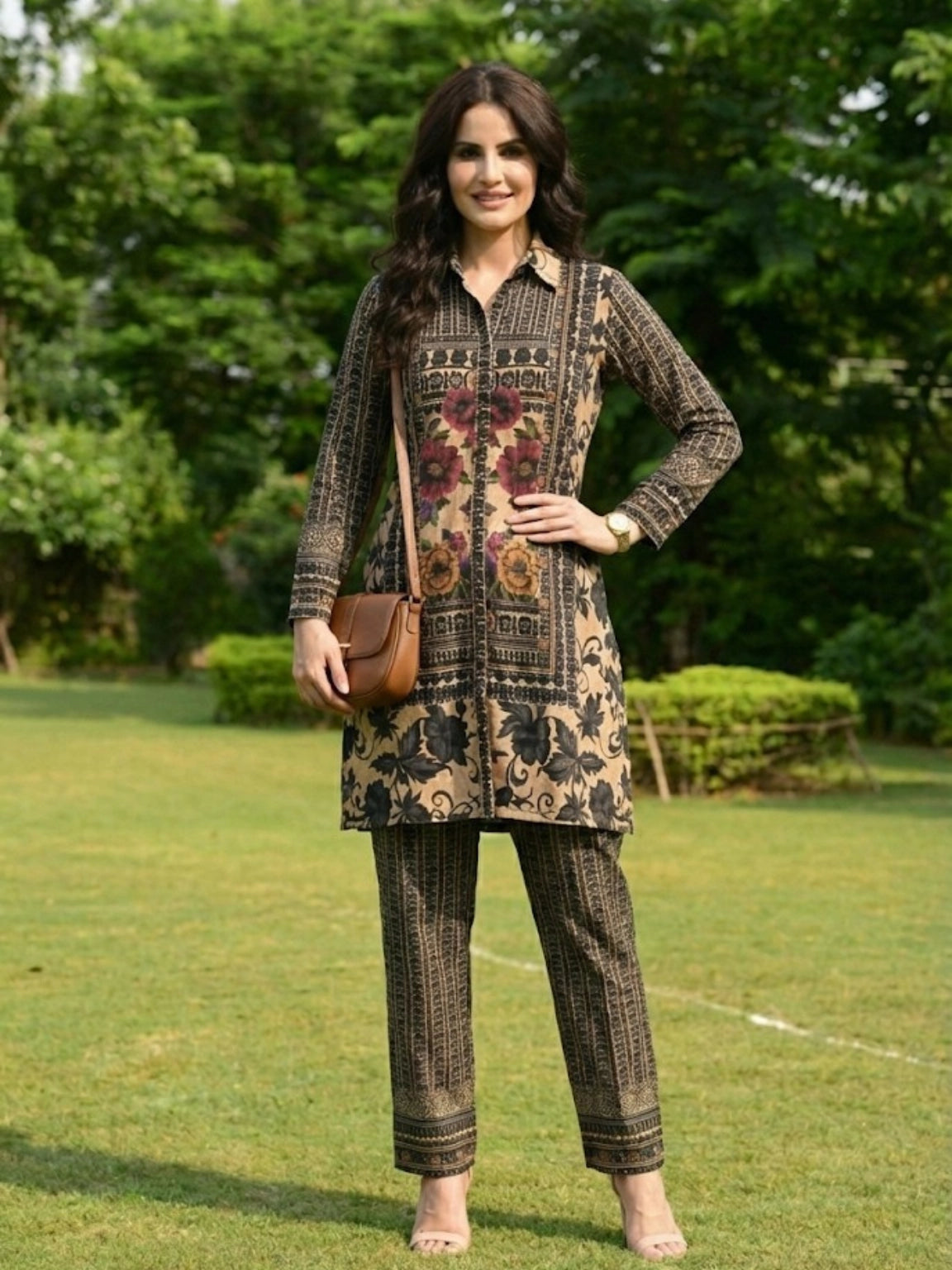 Floral & Geometric Print Button-Down Set - Beige & Black