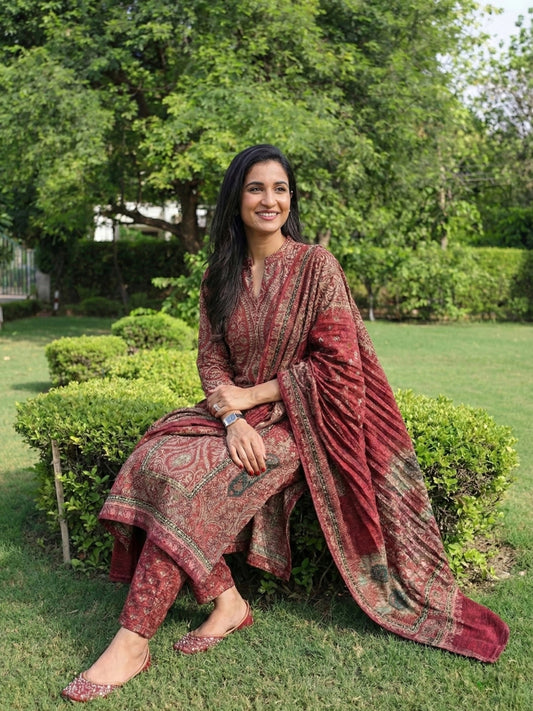 Earthy Maroon & Rust Intricate Printed 3-Piece Suit Set