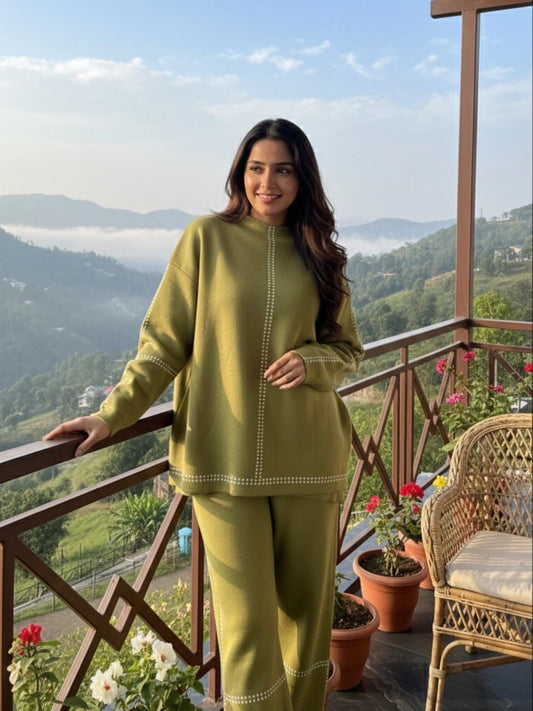 Olive Green Stitch-Detail Relaxed Co-Ord Set