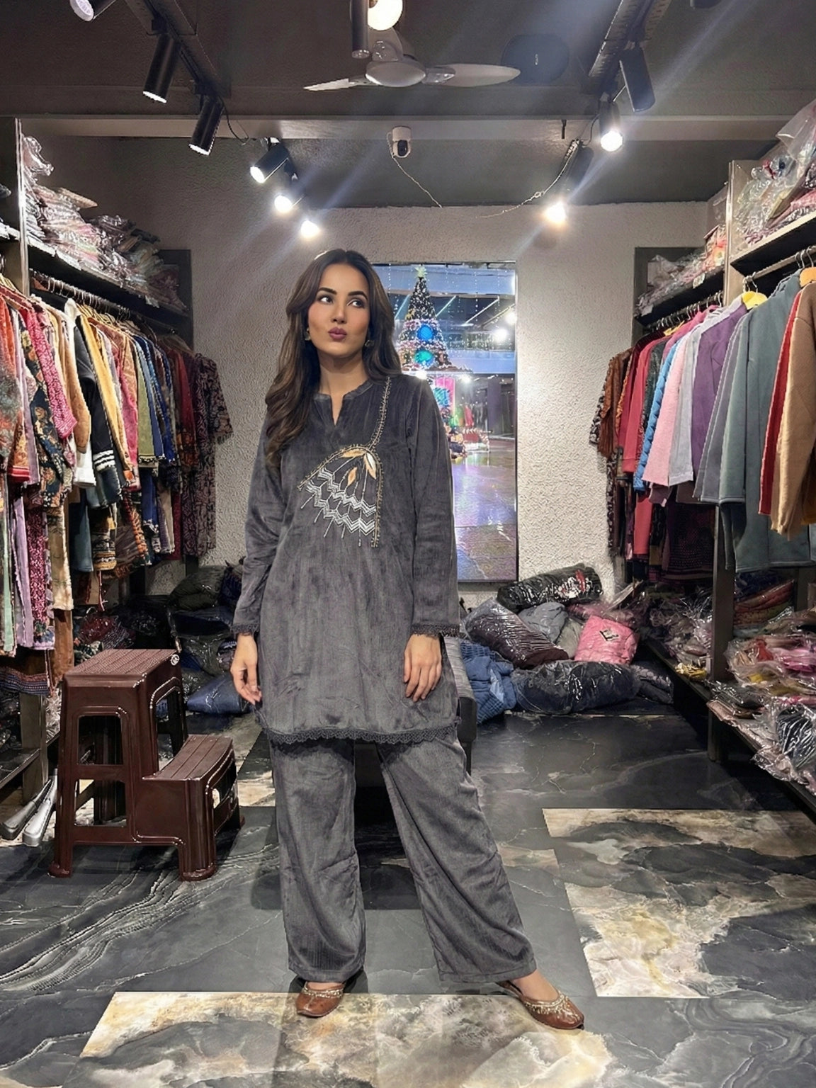 Charcoal Grey Embroidered Statement Co-ord Set