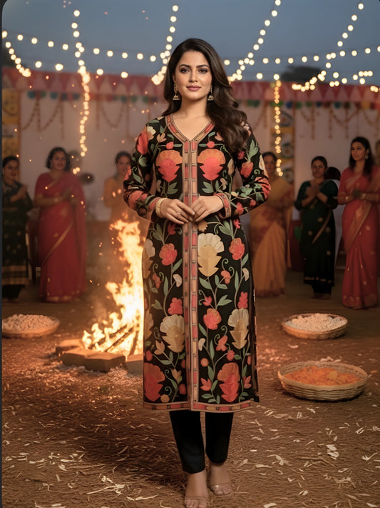 Black Floral Embroidered 3-Piece Woolen Kurta Pant Set