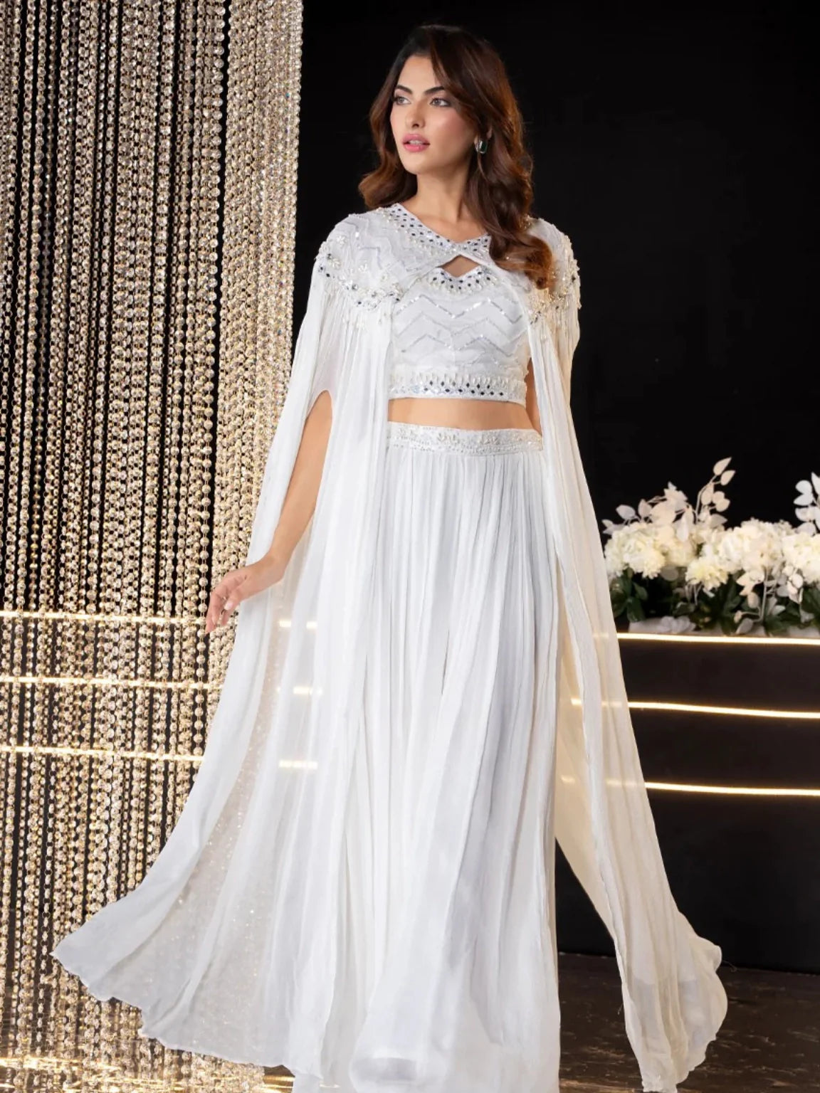 White Mirror Work Crop Top with Palazzo & Cape Shrug