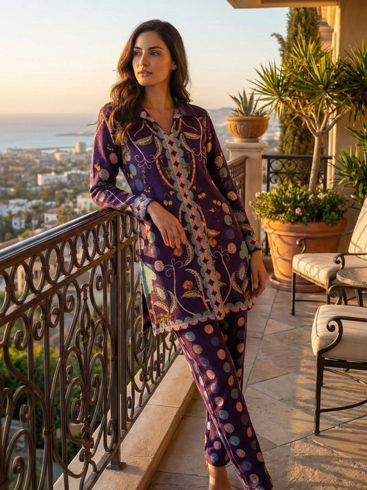 Deep Purple Floral & Polka Dot Patterned Co-ord Set