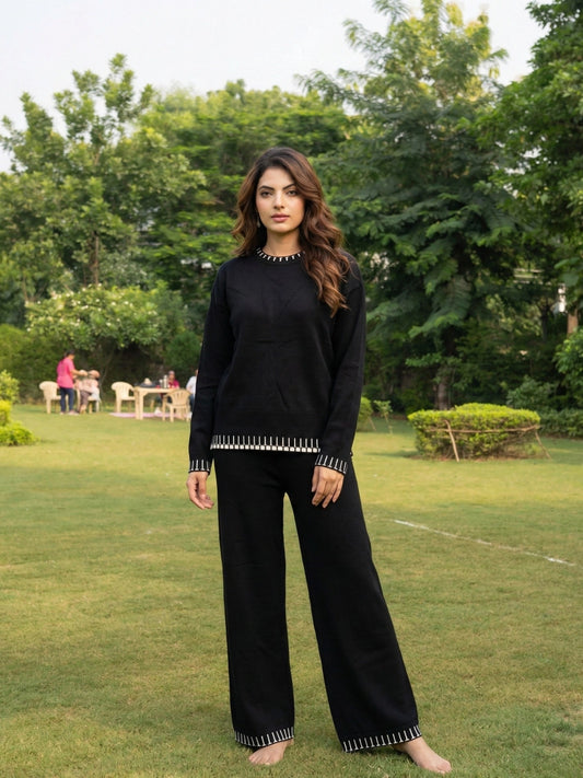 Contrast Stitch Knitted Co-ord Set - Black