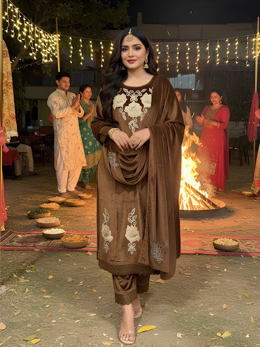 Coffee Brown Velvet Floral Embroidered Salwar Suite